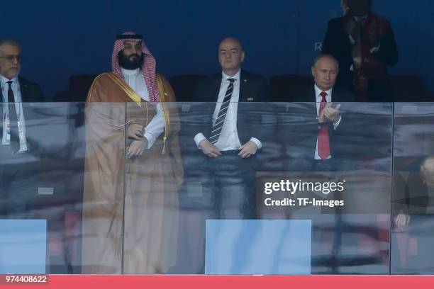 Mohammed bin Salman of Saudi Arabia, FIFA President Gianni Infantino and President Wladimir Putin of Russia look on during the 2018 FIFA World Cup...