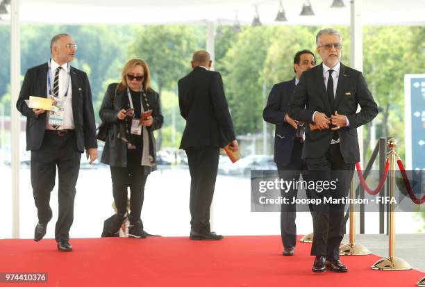 President Shaikh Salman bin Ebrahim Al Khalifa arrives at the stadium as he attends the 2018 FIFA World Cup Russia group A match between Russia and...