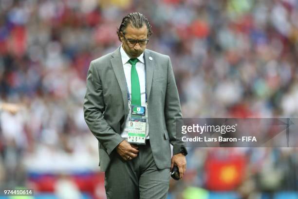 Juan Antonio Pizzi, Head coach of Saudi Arabia looks dejected during the 2018 FIFA World Cup Russia Group A match between Russia and Saudi Arabia at...
