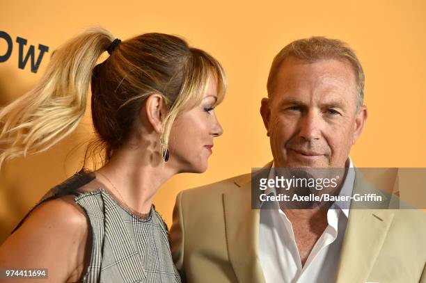 Actor Kevin Costner and Christine Baumgartner arrive at the premiere of Paramount Pictures' 'Yellowstone' at Paramount Studios on June 11, 2018 in...