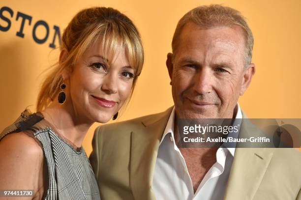 Actor Kevin Costner and Christine Baumgartner arrive at the premiere of Paramount Pictures' 'Yellowstone' at Paramount Studios on June 11, 2018 in...
