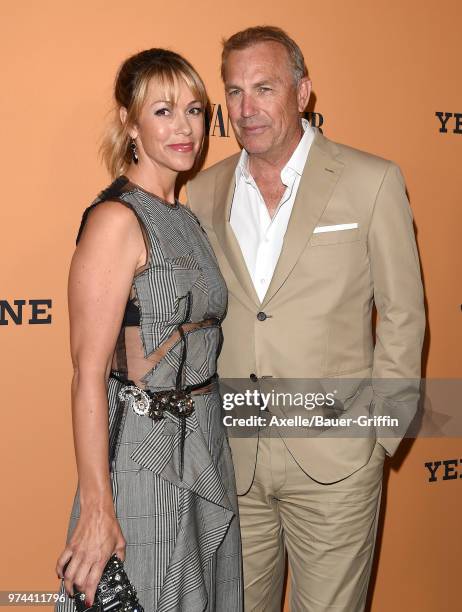 Actor Kevin Costner and Christine Baumgartner arrive at the premiere of Paramount Pictures' 'Yellowstone' at Paramount Studios on June 11, 2018 in...