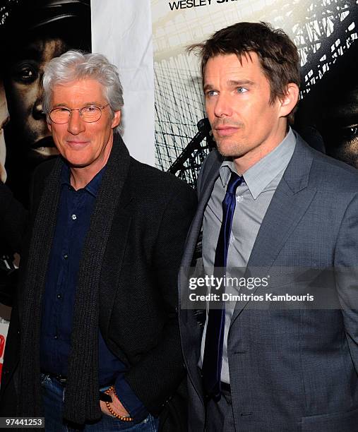 Actors Richard Gere and Ethan Hawke attend the premiere of "Brooklyn's Finest" at AMC Loews Lincoln Square 13 theater on March 2, 2010 in New York...