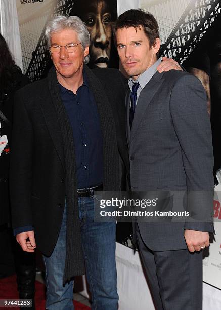 Actors Richard Gere and Ethan Hawke attend the premiere of "Brooklyn's Finest" at AMC Loews Lincoln Square 13 theater on March 2, 2010 in New York...