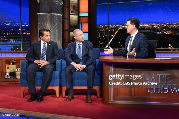The Late Show with Stephen Colbert and guest Anthony Scaramucci, Michael Avenatti during Wednesday's June 13, 2018 show.