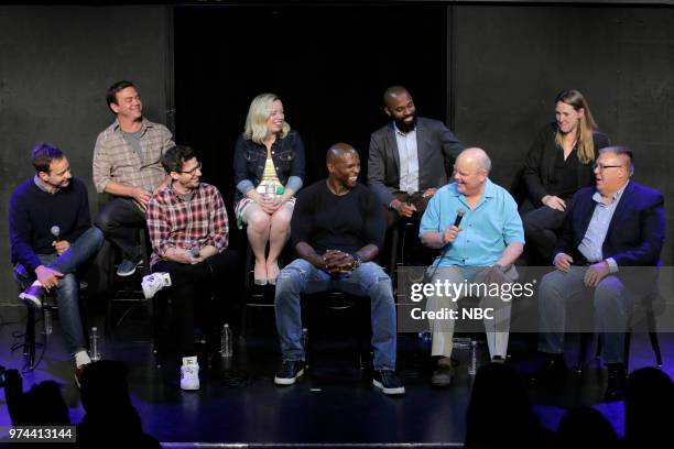 Pictured: Marc Evan Jackson, Moderator; Dan Goor, Co-Creator / Executive Producer; Joe Lo Truglio, Andy Samberg, Lang Fisher, Co-Executive Producer;...