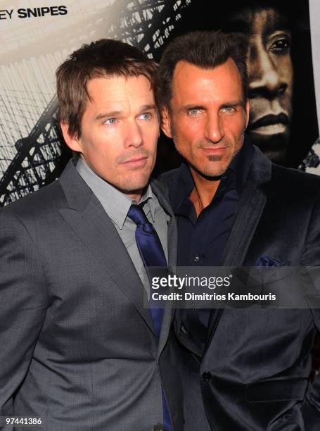 Actors Ethan Hawke and Wass Stevens attend the premiere of "Brooklyn's Finest" at AMC Loews Lincoln Square 13 theater on March 2, 2010 in New York...