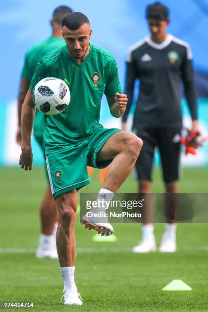 Noureddine Amrabat of the Morocco national football team takes part in a training session at Saint Petersburg Stadium in Saint Petersburg on June 14...