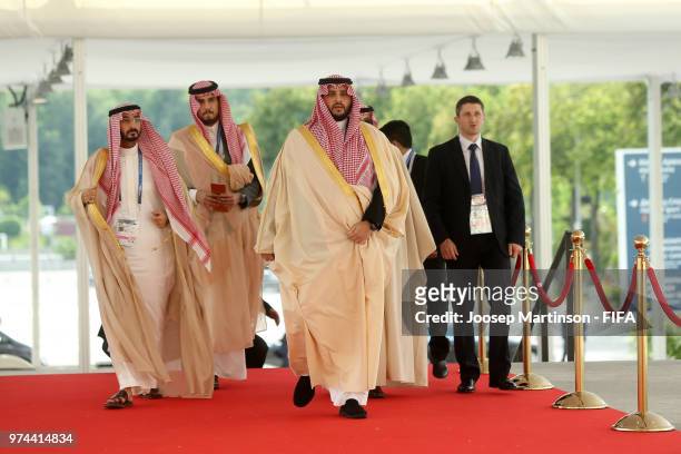 Crown Prince Muhammad Bin Salman arrives at the stadium prior to the 2018 FIFA World Cup Russia group A match between Russia and Saudi Arabia at...