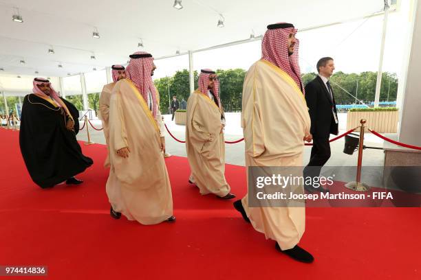 Crown Prince Muhammad Bin Salman arrives at the stadium prior to the 2018 FIFA World Cup Russia group A match between Russia and Saudi Arabia at...