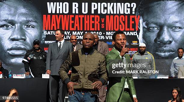 Boxers Floyd Mayweather and Shane Mosley announce their May 1 fight during their joint press conference in Los Angeles on March 4, 2010. Floyd...