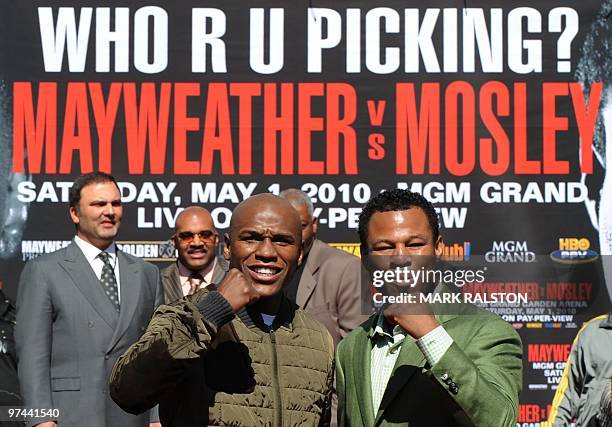 Boxers Floyd Mayweather and Shane Mosley announce their May 1 fight during their joint press conference in Los Angeles on March 4, 2010. Floyd...