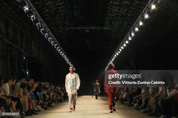 Model walks the runway at the Bed JW Ford show during the 94th Pitti Immagine Uomo on June 14, 2018 in Florence, Italy.