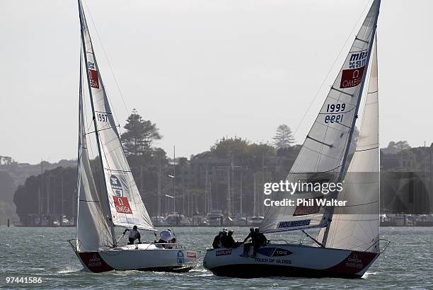Magnus Holmberg of Sweden and Sebastien Col of France tack towards the top mark during the Omega Auckland Yacht Racing Regatta held on the Waitemata...
