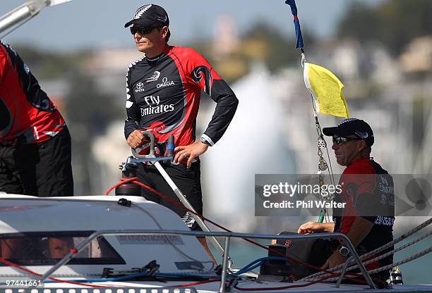 Dean Barker of New Zealand skippers his boat during the Omega Auckland Yacht Racing Regatta held on the Waitemata Harbour on March 5, 2010 in...