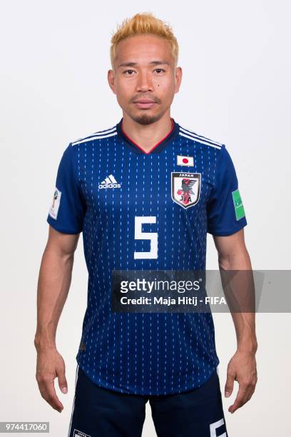Yuto Nagatomo of Japan poses for a portrait during the official FIFA World Cup 2018 portrait session at the FC Rubin Training Grounds on June 14,...