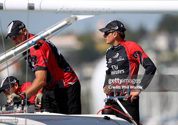 Dean Barker of New Zealand skippers his boat during the Omega Auckland Yacht Racing Regatta held on the Waitemata Harbour on March 5, 2010 in...