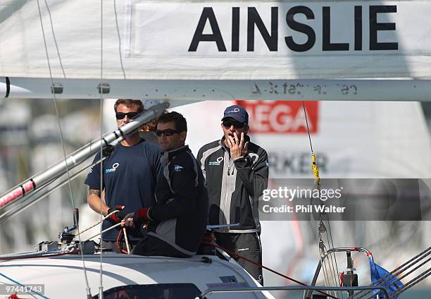 Ben Ainslie of Great Britain skippers his boat during the Omega Auckland Yacht Racing Regatta held on the Waitemata Harbour on March 5, 2010 in...