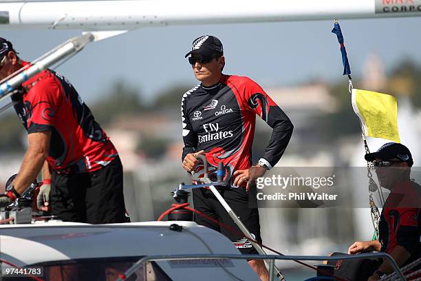 Dean Barker of New Zealand skippers his boat during the Omega Auckland Yacht Racing Regatta held on the Waitemata Harbour on March 5, 2010 in...