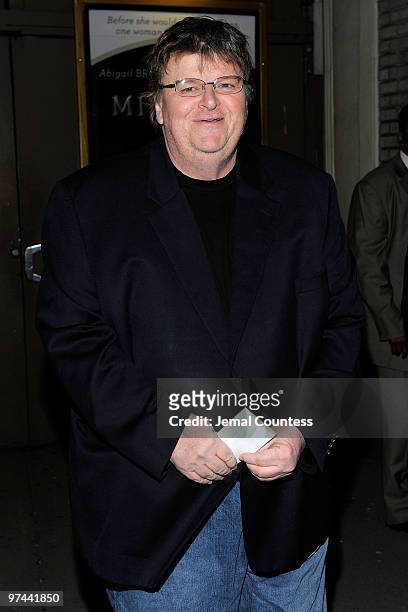 Director Michael Moore attends the opening night of "A Behanding In Spokane" on Broadway at the Gerald Schoenfeld Theatre on March 4, 2010 in New...