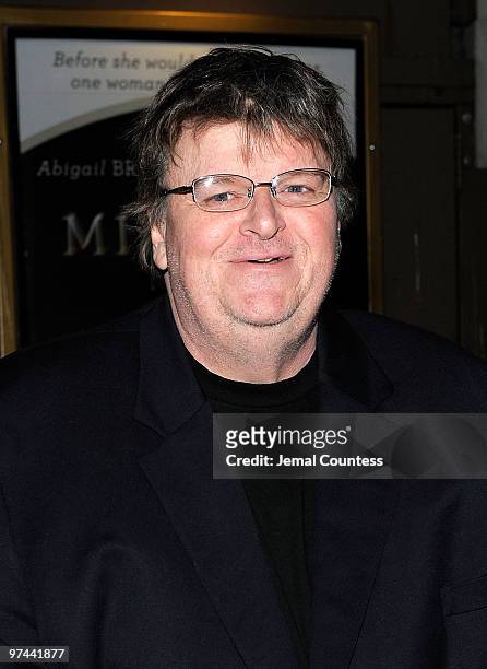 Director Michael Moore attends the opening night of "A Behanding In Spokane" on Broadway at the Gerald Schoenfeld Theatre on March 4, 2010 in New...
