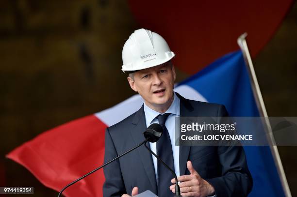 French Economy minister Bruno Le Maire gives a speech during the float-out ceremony of the MSC ocean liner MSC Bellissima at the STX shipyards,...