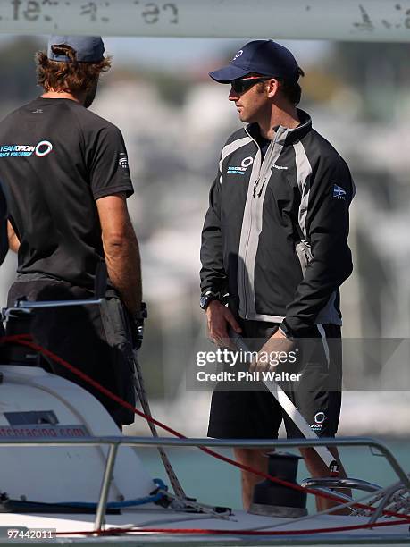 Ben Ainslie of Great Britain skippers his boat during the Omega Auckland Yacht Racing Regatta held on the Waitemata Harbour on March 5, 2010 in...