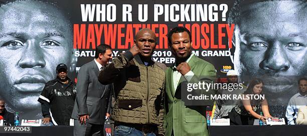 Boxers Floyd Mayweather and Shane Mosley announce their May 1 fight during their joint press conference in Los Angeles on March 4, 2010. Floyd...