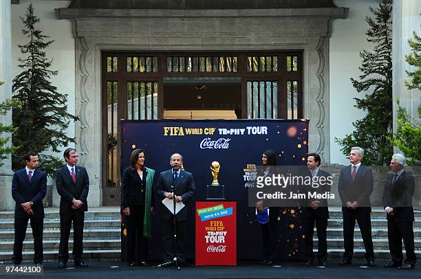 Mexican authorities attend the FIFA World Cup trophy exhibition at the Official Residence of Los Pinos as part of its world tour on March 4, 2010 in...
