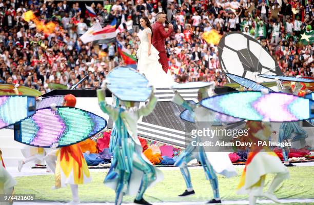 Robbie Williams and Aida Garifullina perform at the opening ceremony of the FIFA World Cup 2018, Group A match at the Luzhniki Stadium, Moscow