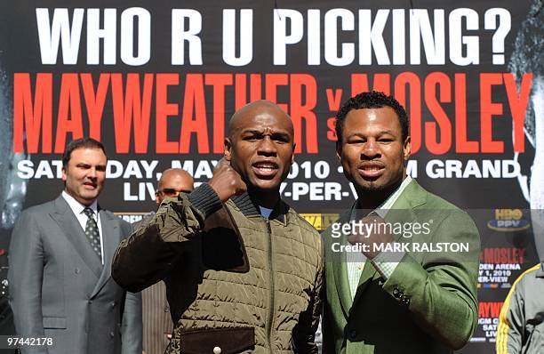 Boxers Floyd Mayweather and Shane Mosley announce their May 1 fight during their joint press conference in Los Angeles on March 4, 2010. Floyd...