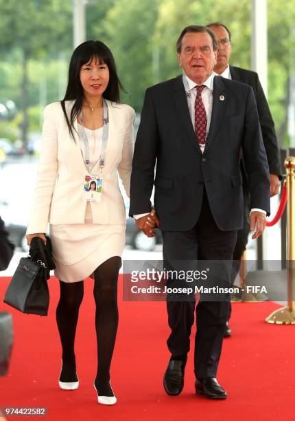 Former politician Gerhard Schroeder arrives at the stadium prior to the 2018 FIFA World Cup Russia group A match between Russia and Saudi Arabia at...