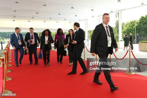 Reinhard Grindel, President of the German Football Association arrives prior to the 2018 FIFA World Cup Russia group A match between Russia and Saudi...