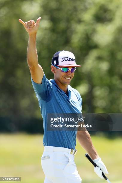 Rafa Cabrera Bello of Spain celebrates his chip for birdie on the second hole during the first round of the 2018 U.S. Open at Shinnecock Hills Golf...