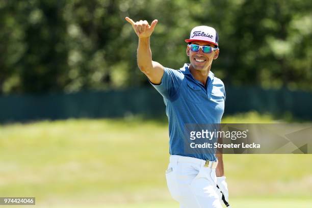 Rafa Cabrera Bello of Spain celebrates his chip for birdie on the second hole during the first round of the 2018 U.S. Open at Shinnecock Hills Golf...