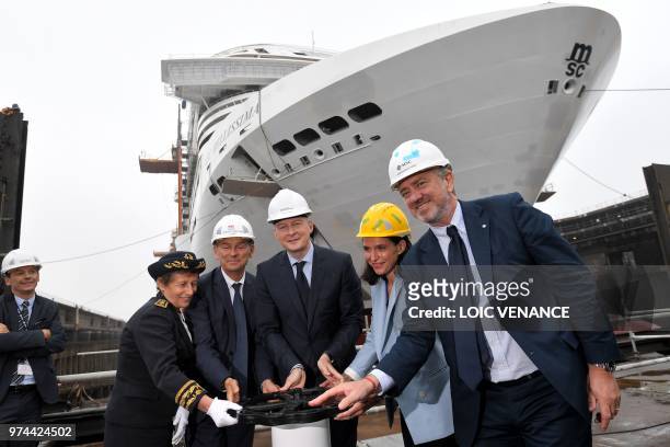 Prefect of Pays de la Loire region Nicole Klein , shipyard STX France CEO Laurent Castaing French Economy Minister Bruno Le Maire , MSC Cruise...