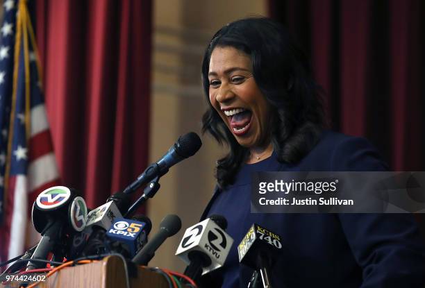 San Francisco Mayor-elect London Breed speaks during a news conference at Rosa Parks Elementary School on June 14, 2018 in San Francisco, California....