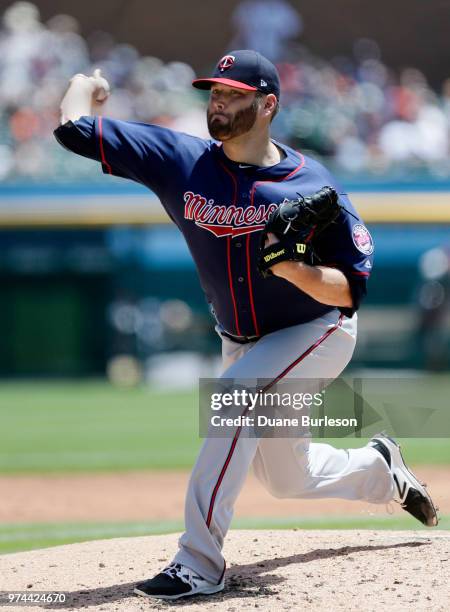 Lance Lynn of the Minnesota Twins pitches against the Detroit Tigers during the second inning at Comerica Park on June 14, 2018 in Detroit, Michigan.