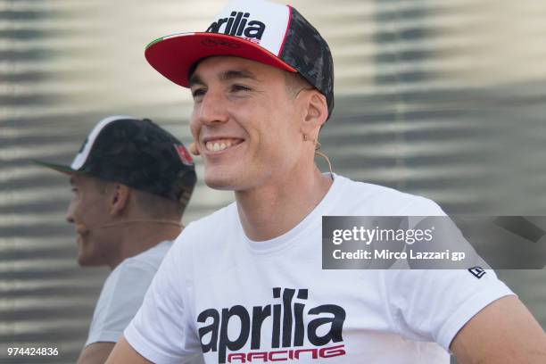 Aleix Espargaro of Spain and Aprilia Racing Team Gresini smiles for the journalists in paddock during the MotoGp of Catalunya - Previews at Circuit...