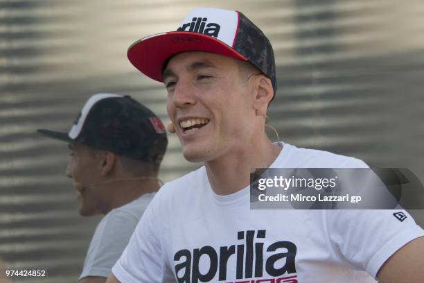 Aleix Espargaro of Spain and Aprilia Racing Team Gresini speaks with journalists in paddock during the MotoGp of Catalunya - Previews at Circuit de...