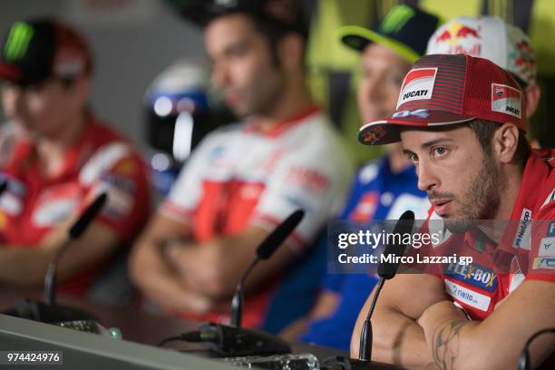 Andrea Dovizioso of Italy and Ducati Team speaks during the press conference pre-event during the MotoGp of Catalunya - Previews at Circuit de...