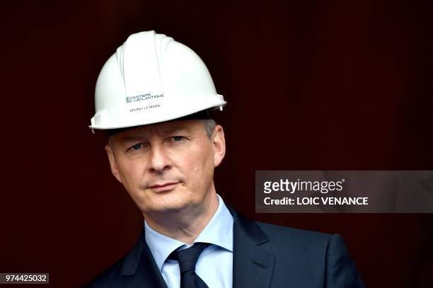 French Economy minister Bruno Le Maire attends the float-out ceremony of the MSC ocean liner MSC Bellissima at the STX shipyards, renamed "les...