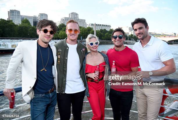Max Rogers, Greg Rutherford, Kimberly Wyatt, Max Evans and Thom Evans on board the Bud Boat for the launch party hosted by Budweiser, the Official...