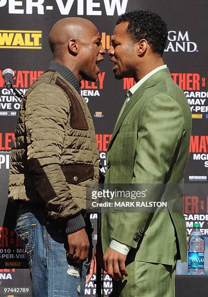 Boxers Floyd Mayweather and Shane Mosley announce their May 1 fight during their joint press conference in Los Angeles on March 4, 2010. Floyd...