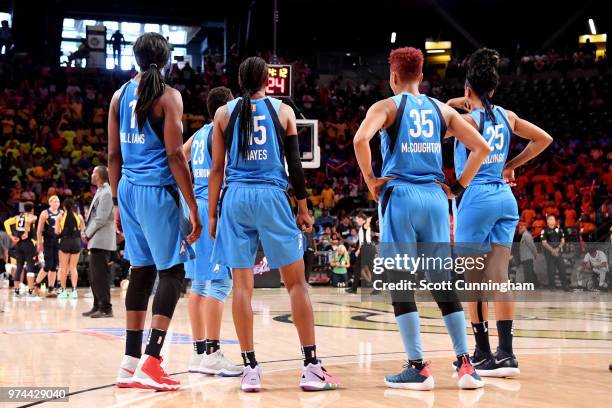 The Atlanta Dream looks on during the game against the Indiana Fever on June 14, 2018 at Hank McCamish Pavilion in Atlanta, Georgia. NOTE TO USER:...