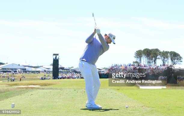 Branden Grace of South Africa plays his shot from the seventh tee during the first round of the 2018 U.S. Open at Shinnecock Hills Golf Club on June...