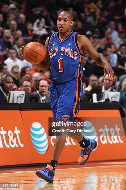 Chris Duhon of the New York Knicks brings the ball downcourt against the Chicago Bulls during the game on February 16, 2010 at the United Center in...
