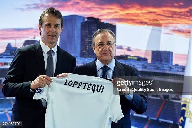 Julen Lopetegui, the new head coach of Real Madrid poses with Florentino Perez, President of Real Madrid at Santiago Bernabeu Stadium on June 14,...