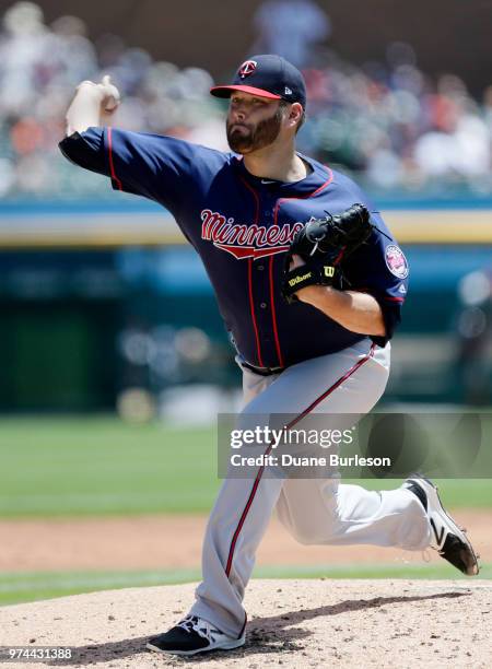 Lance Lynn of the Minnesota Twins pitches against the Detroit Tigers during the second inning at Comerica Park on June 14, 2018 in Detroit, Michigan.