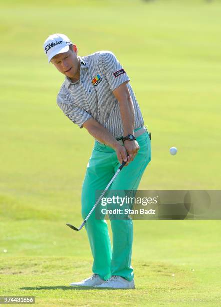 Peter Malnati hits a pitch shot on the 16th hole during the second round of the FedEx St. Jude Classic at TPC Southwind on June 8, 2018 in Memphis,...